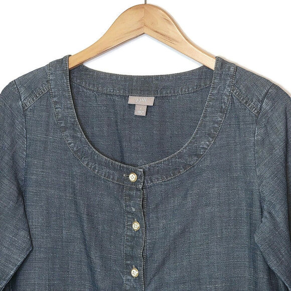 J Jill Linen Blend Chambray Blue Scoop Neck Midi Dress Relaxed Fit Casual Size S - Picture 3 of 12